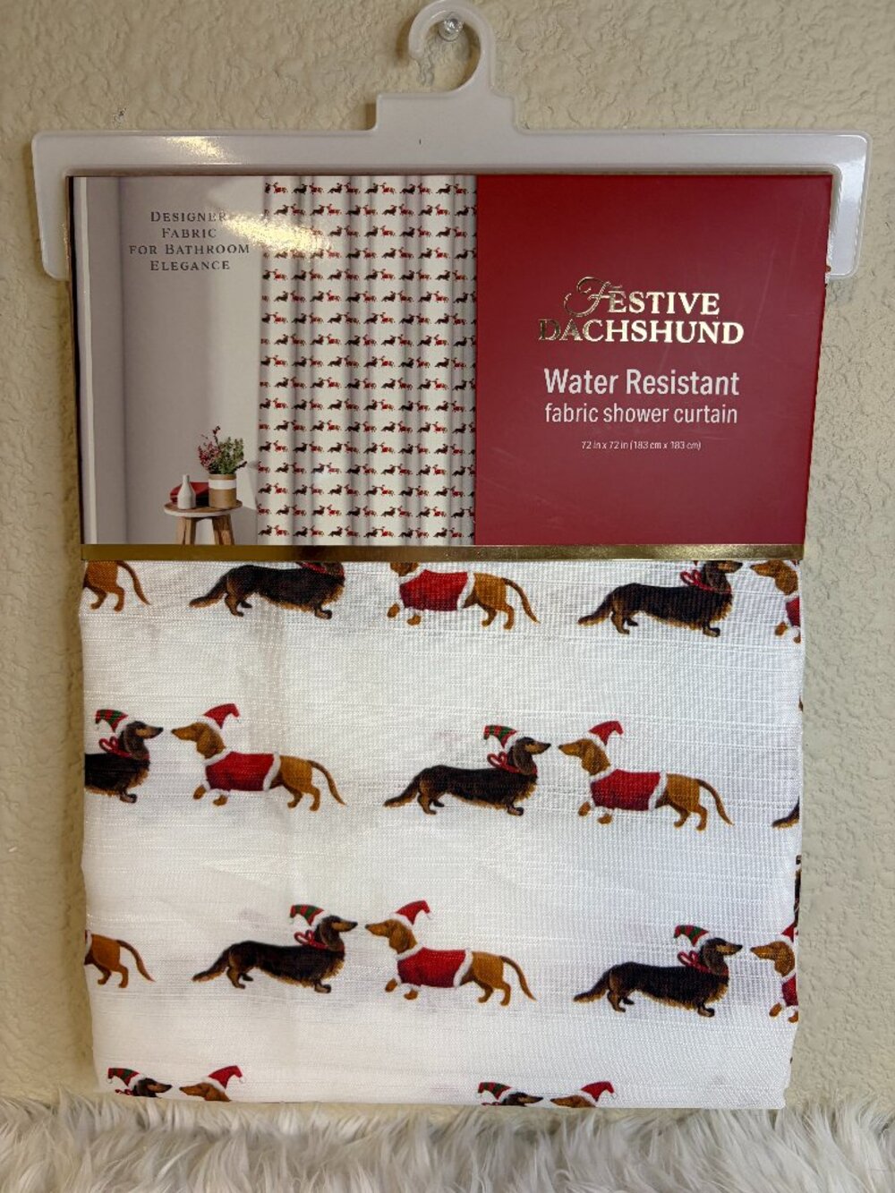 Festive Dachshund Christmas Shower Curtain 72x72 Holiday Wiener Dog NWT